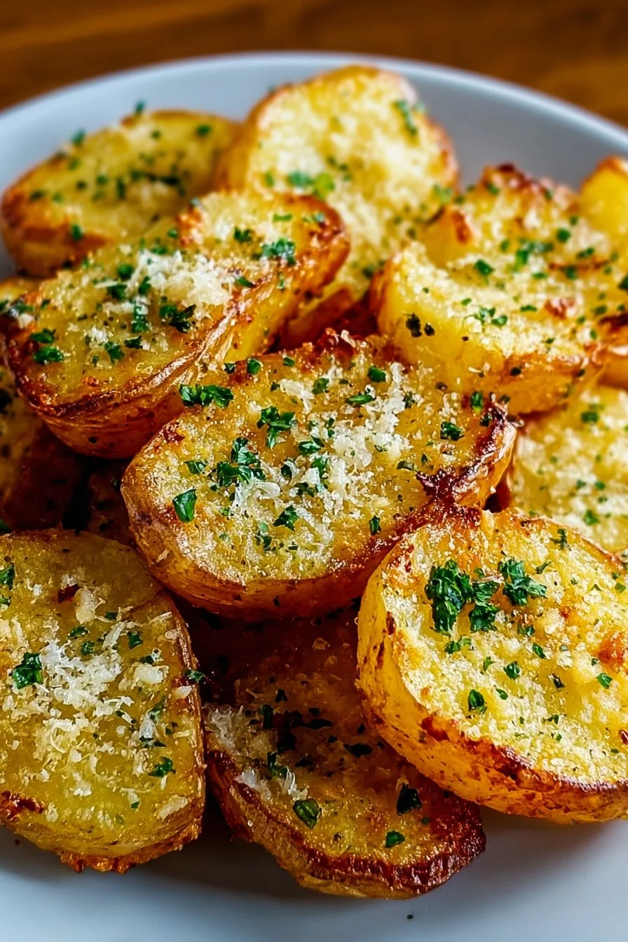 Air Fryer Baked Garlic Parmesan Potatoes served on a plate