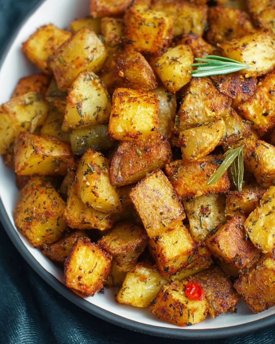 Crispy air fryer breakfast potatoes served on a plate with herbs