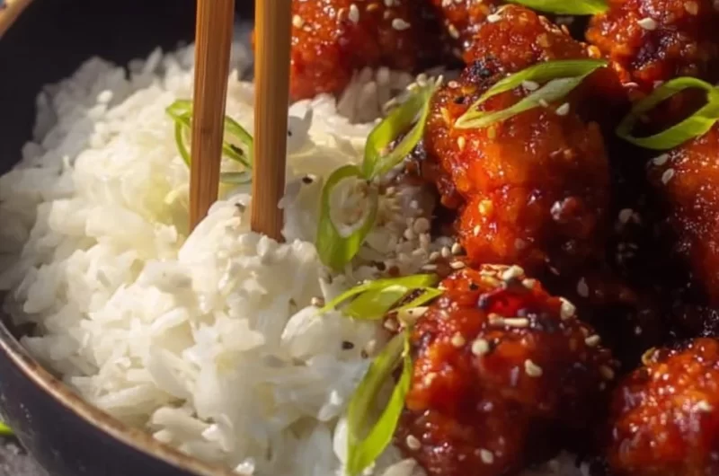 Crispy Sesame Chicken cooked in an air fryer, garnished with sesame seeds and green onions.