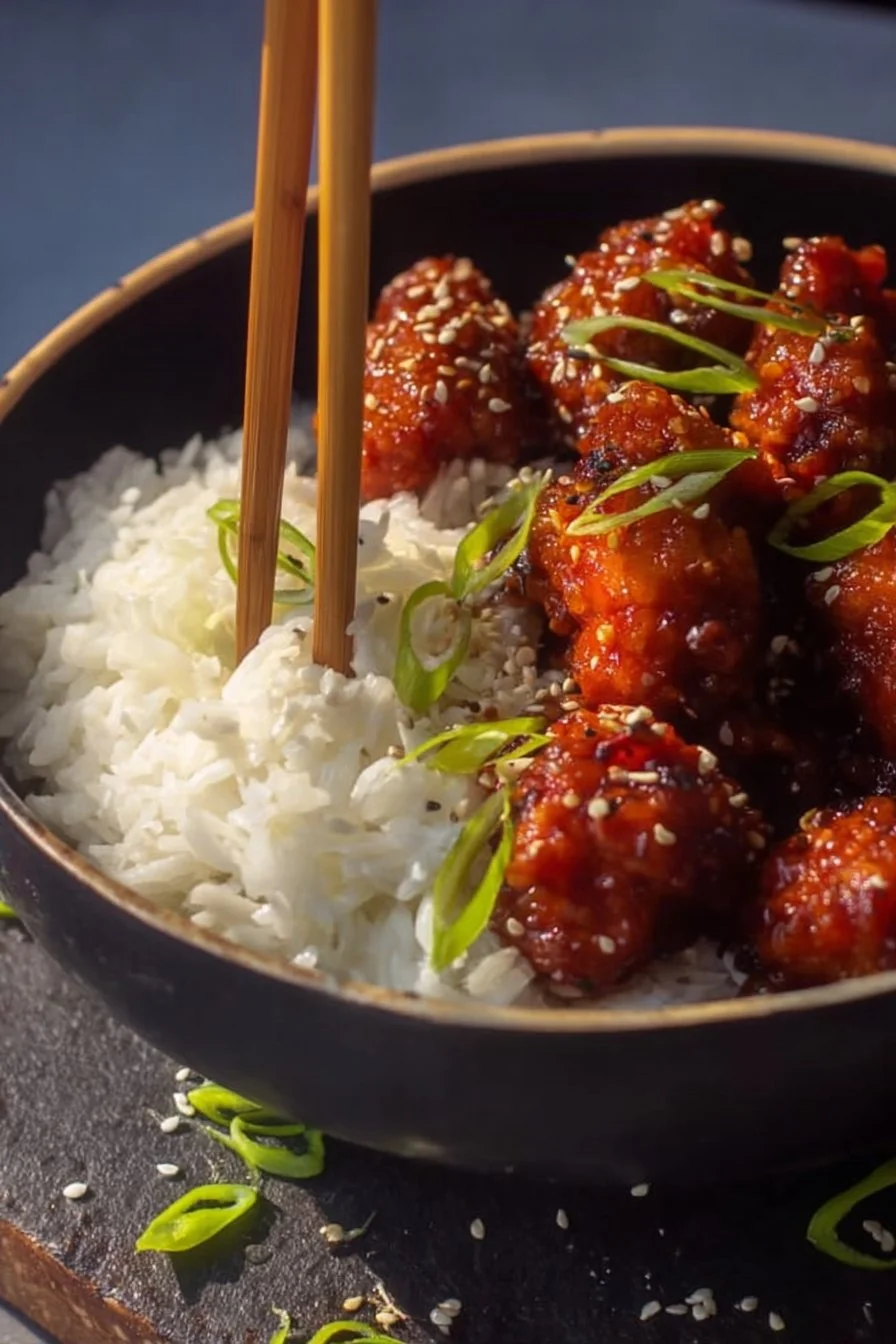 Crispy Sesame Chicken cooked in an air fryer, garnished with sesame seeds and green onions.