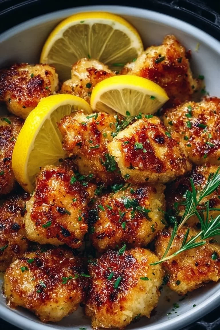 Air Fryer Lemon Chicken Bites served on a plate with fresh lemon slices