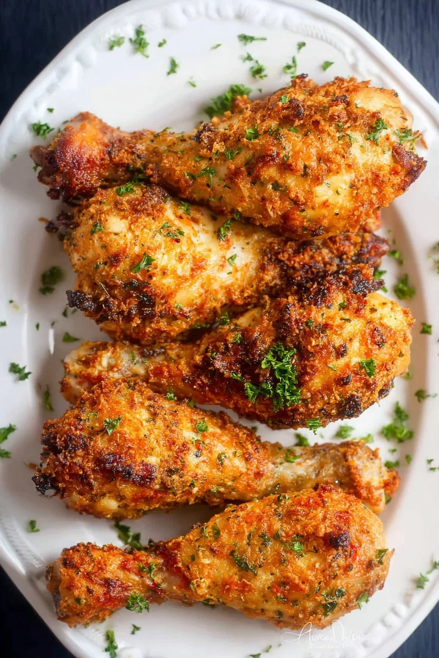 Crispy Air Fryer Parmesan Chicken Drumsticks plated with herbs
