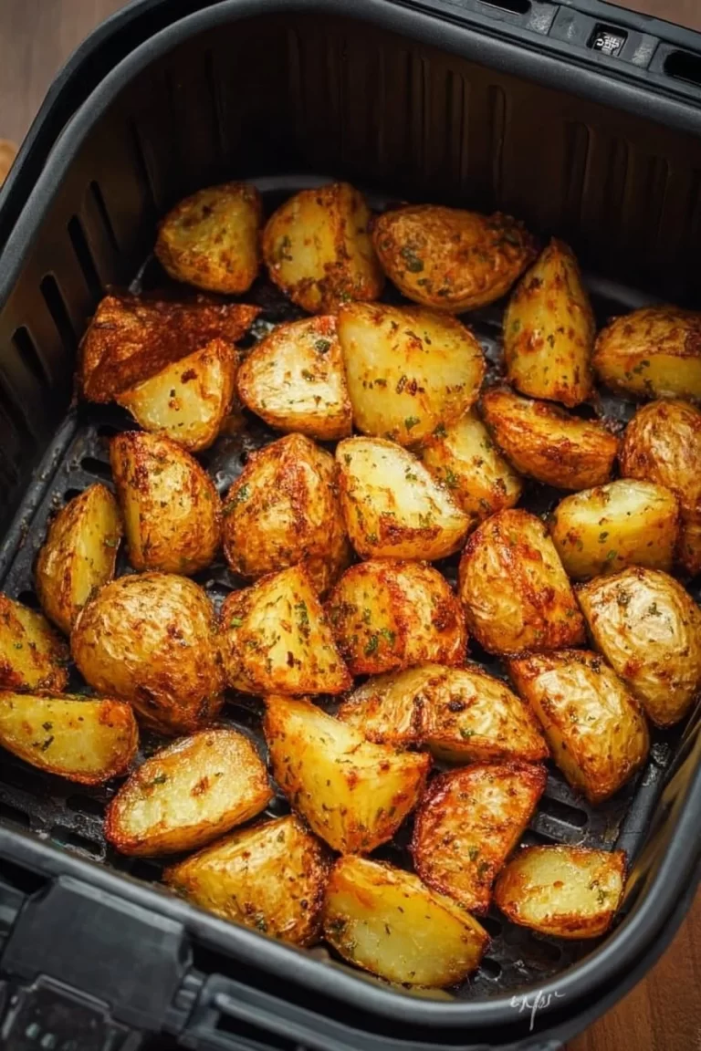 Crispy air fryer roasted potatoes garnished with herbs on a plate.