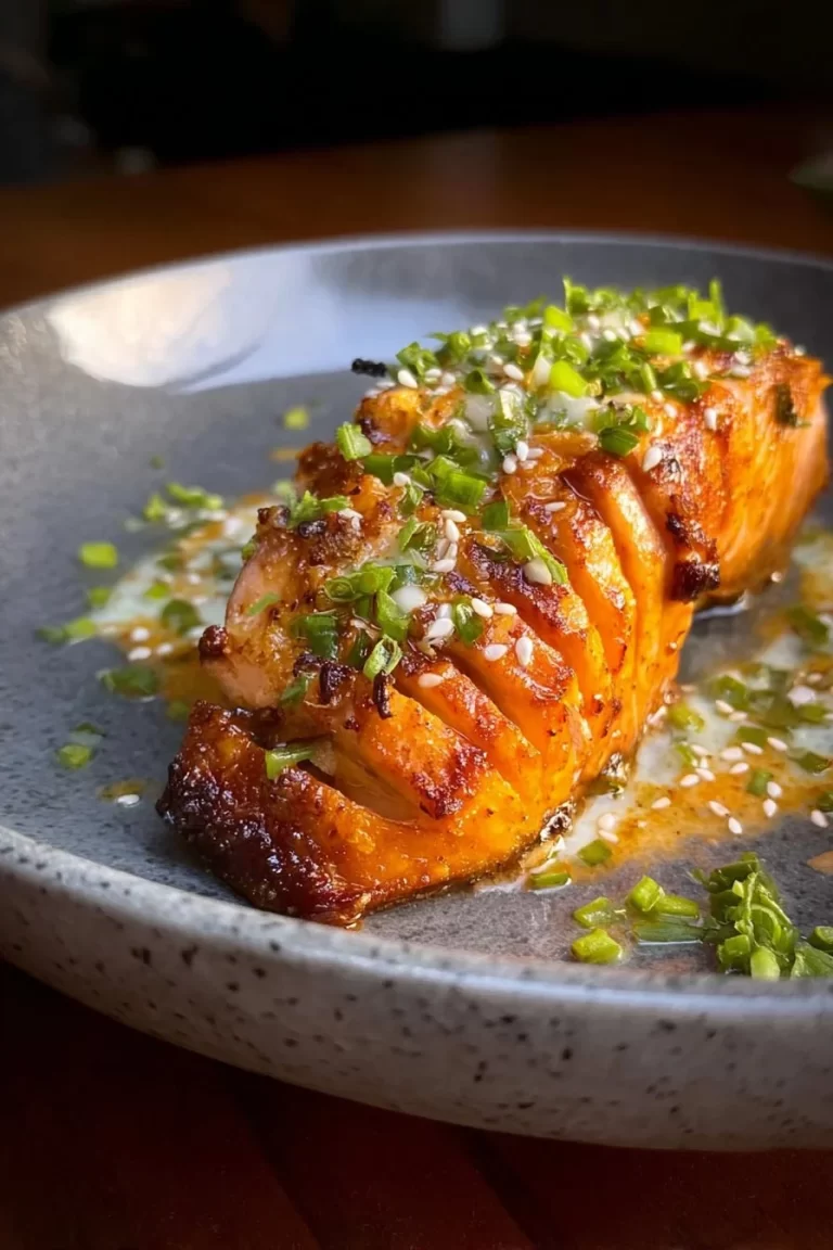 Spicy Hasselback Salmon cooked in an air fryer, garnished for presentation.