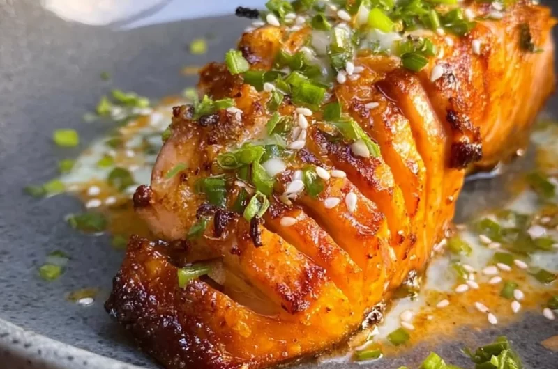 Spicy Hasselback Salmon cooked in an air fryer, garnished for presentation.