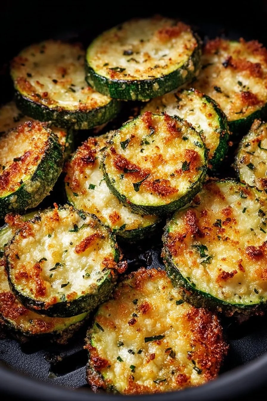 Deliciously crispy air fryer zucchini slices ready to serve.