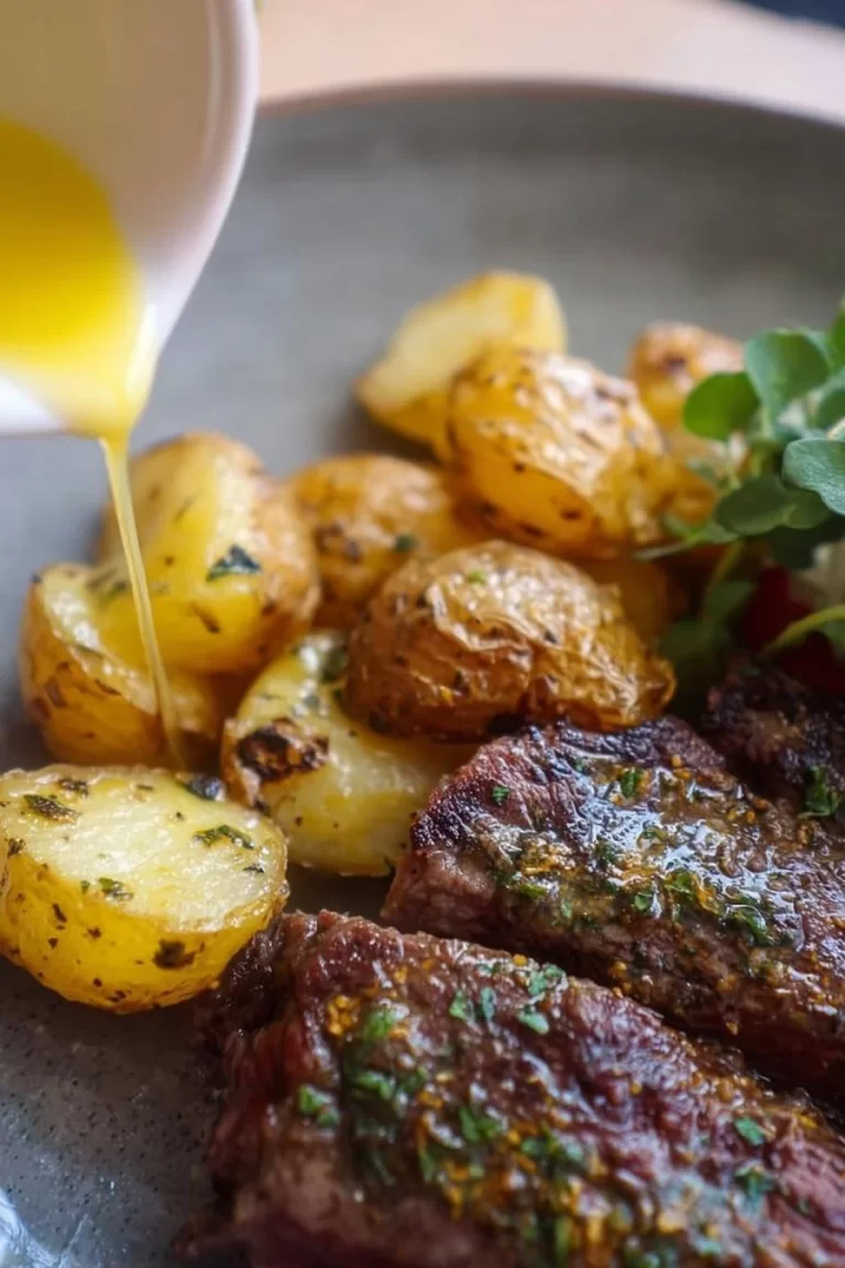 Airfryer Garlic Butter Steak served with crispy potatoes