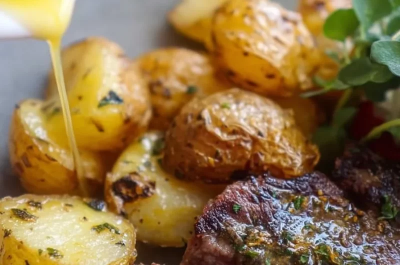 Airfryer Garlic Butter Steak served with crispy potatoes
