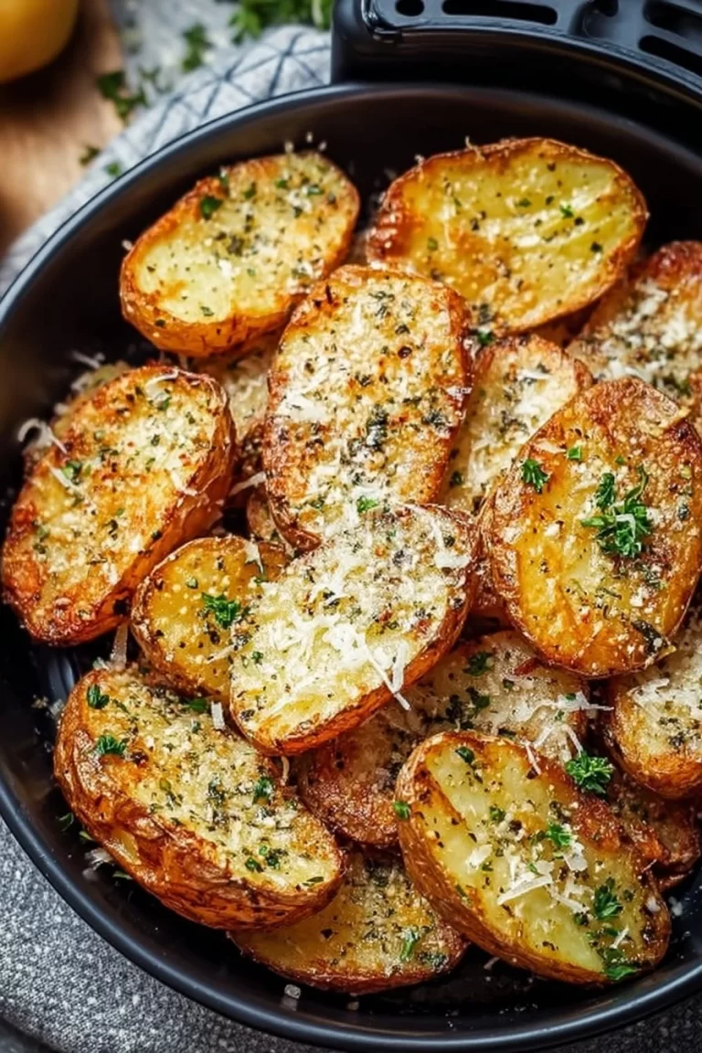 Air fryer baked garlic parmesan potatoes with crispy texture