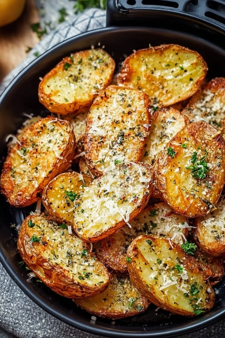 Air fryer baked garlic parmesan potatoes with crispy texture
