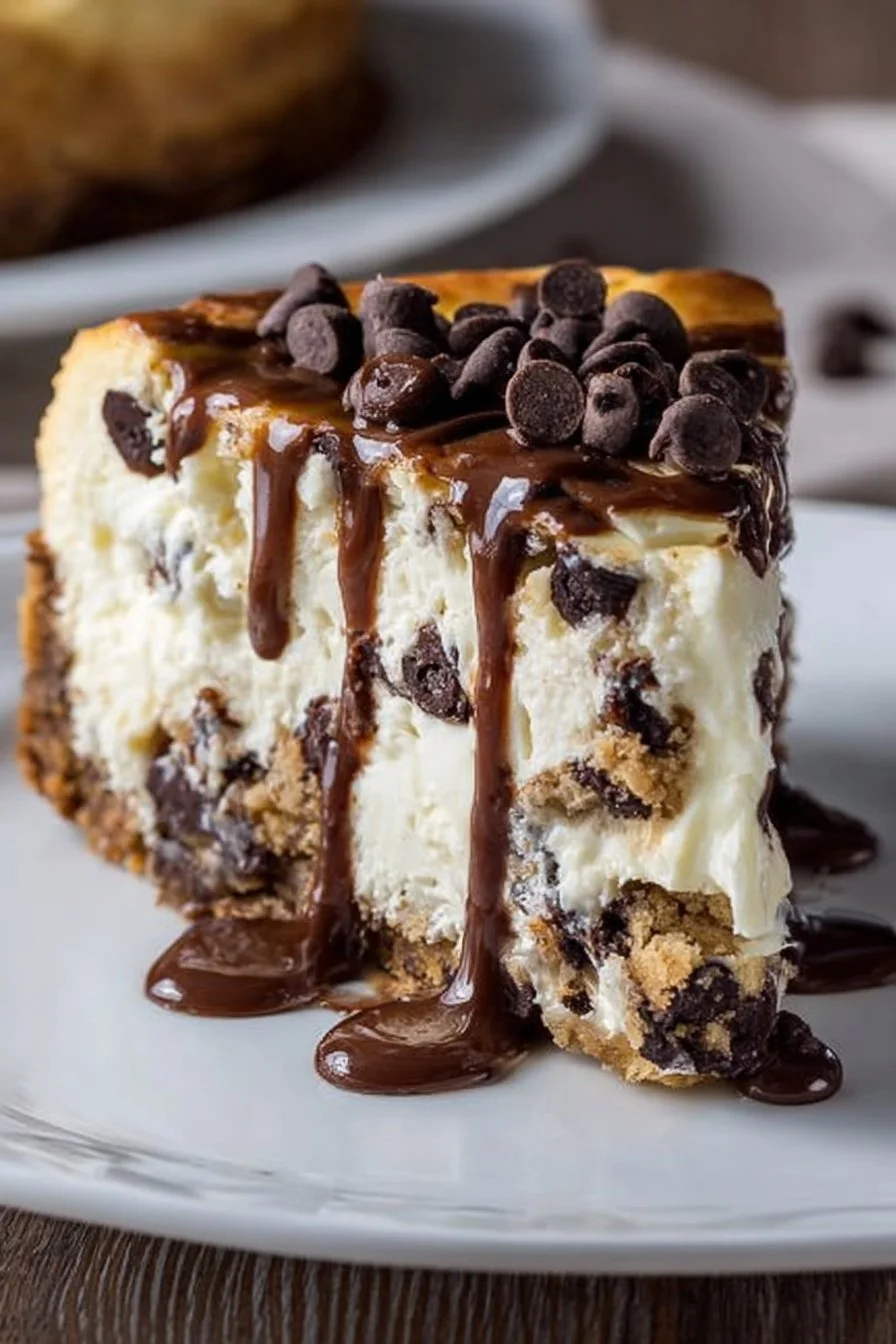 Chocolate chip cookie cheesecake baked in air fryer served on a plate