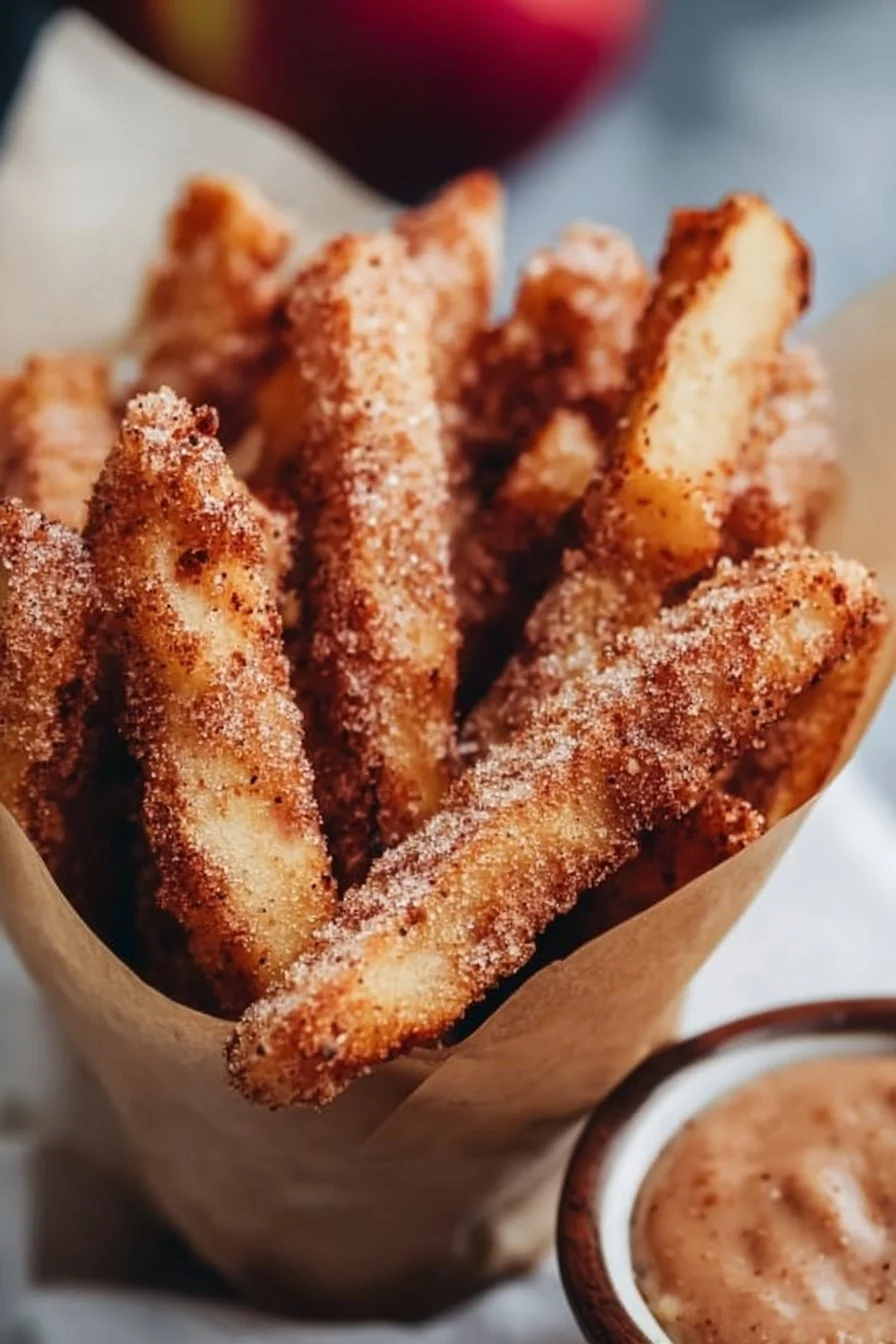 Crispy air fryer apple fries with a bowl of cinnamon sugar dip