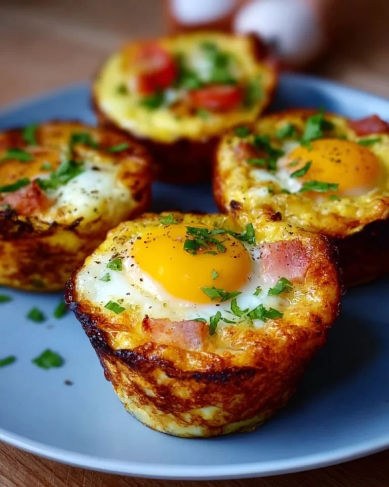 Crispy air fryer breakfast egg cups on a plate, garnished with herbs