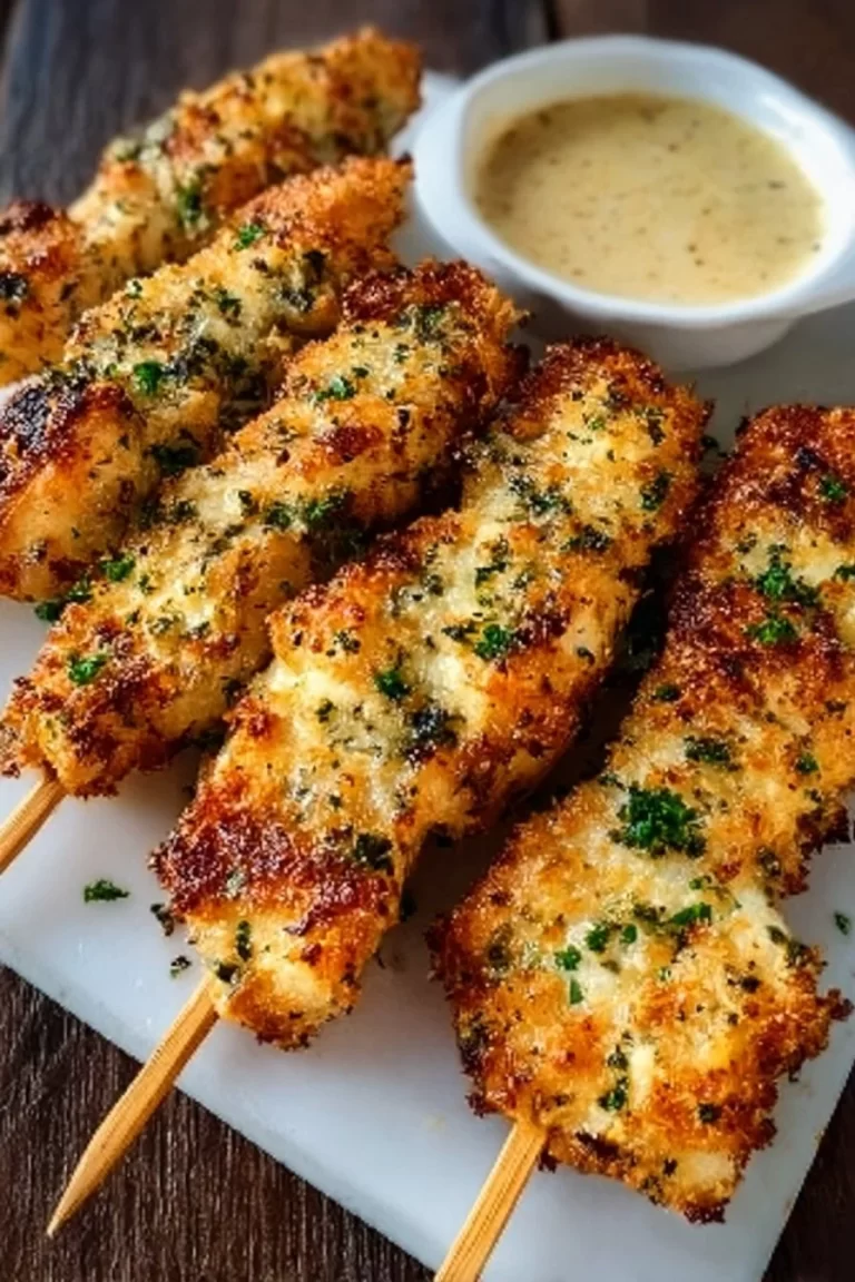 Crispy air fryer garlic parmesan chicken skewers served on a plate.