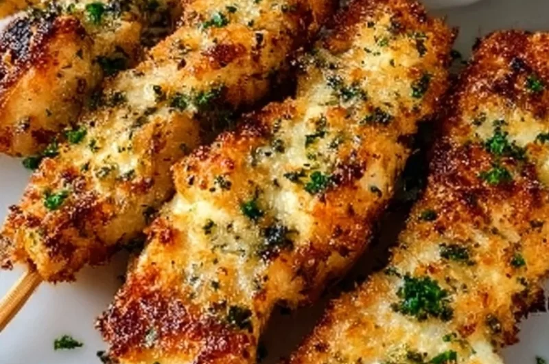 Crispy air fryer garlic parmesan chicken skewers served on a plate.