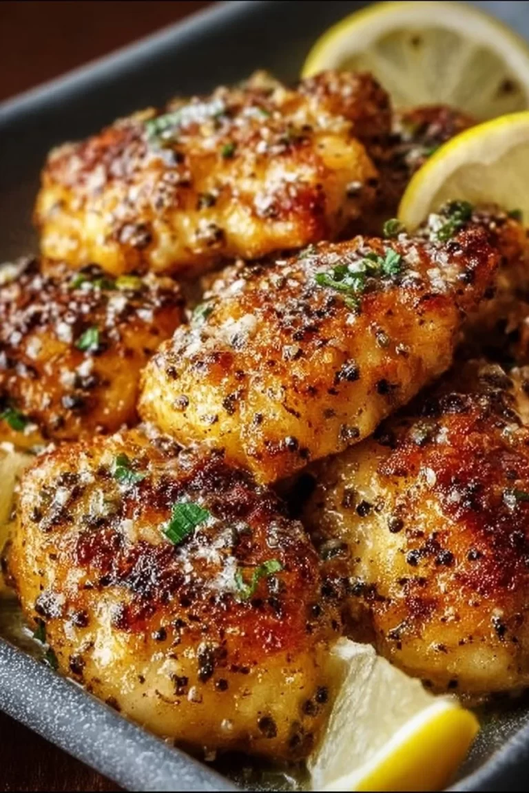 Easy Air Fryer Lemon Chicken served on a plate with lemon slices and herbs