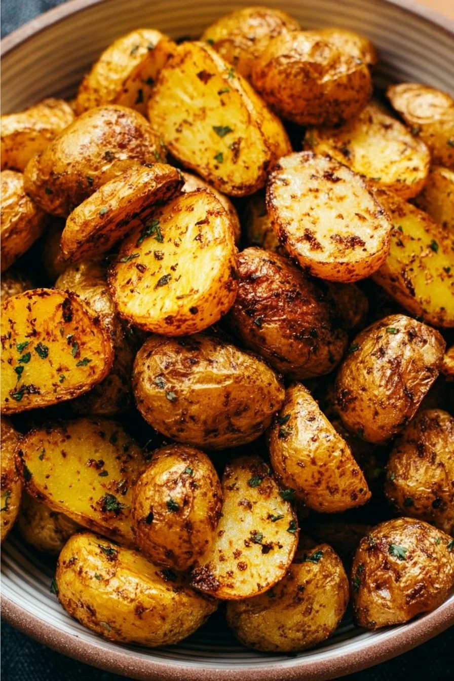 Crispy air fryer potatoes served on a plate with herbs.