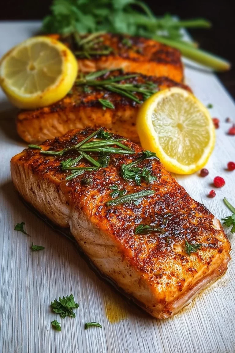 Delicious air fryer salmon served with lemon and herbs