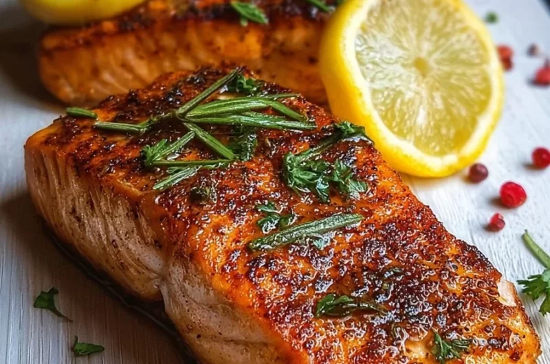 Delicious air fryer salmon served with lemon and herbs