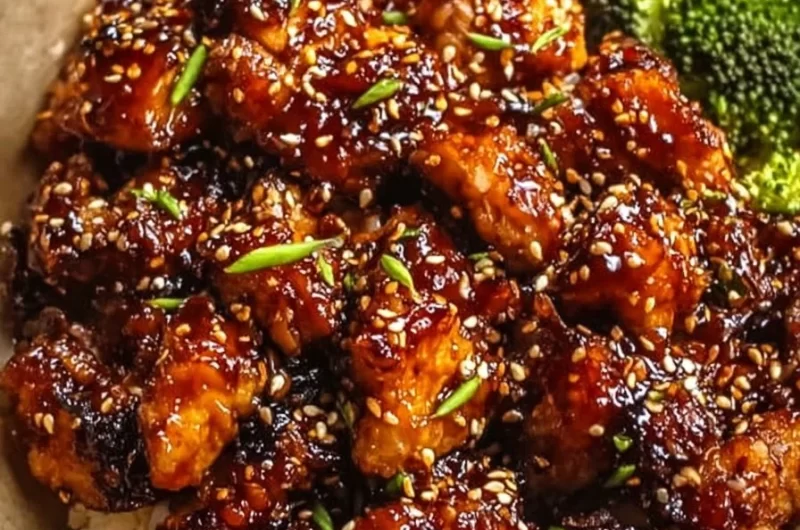 Irresistibly sticky air fryer teriyaki chicken on a plate