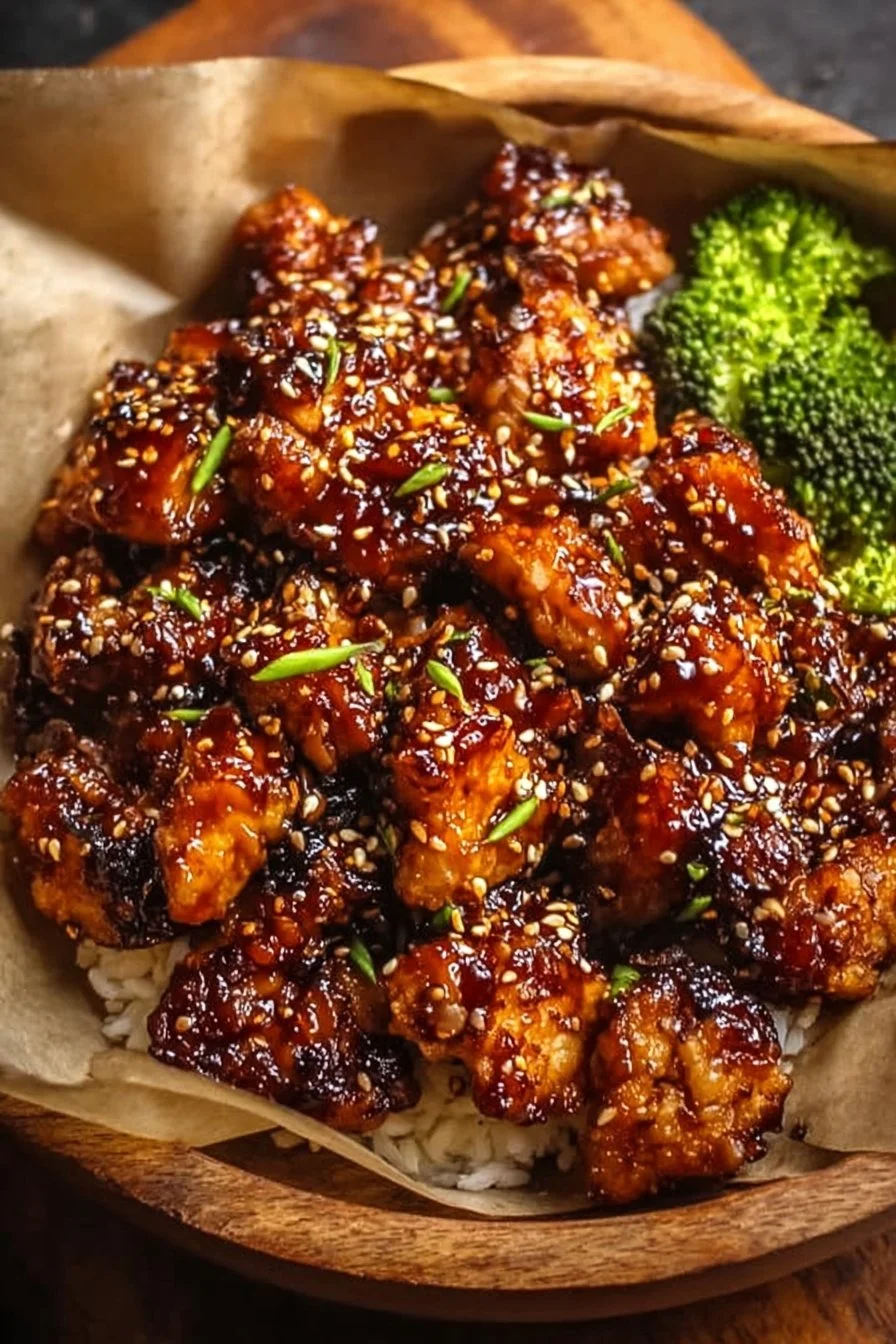 Irresistibly sticky air fryer teriyaki chicken on a plate