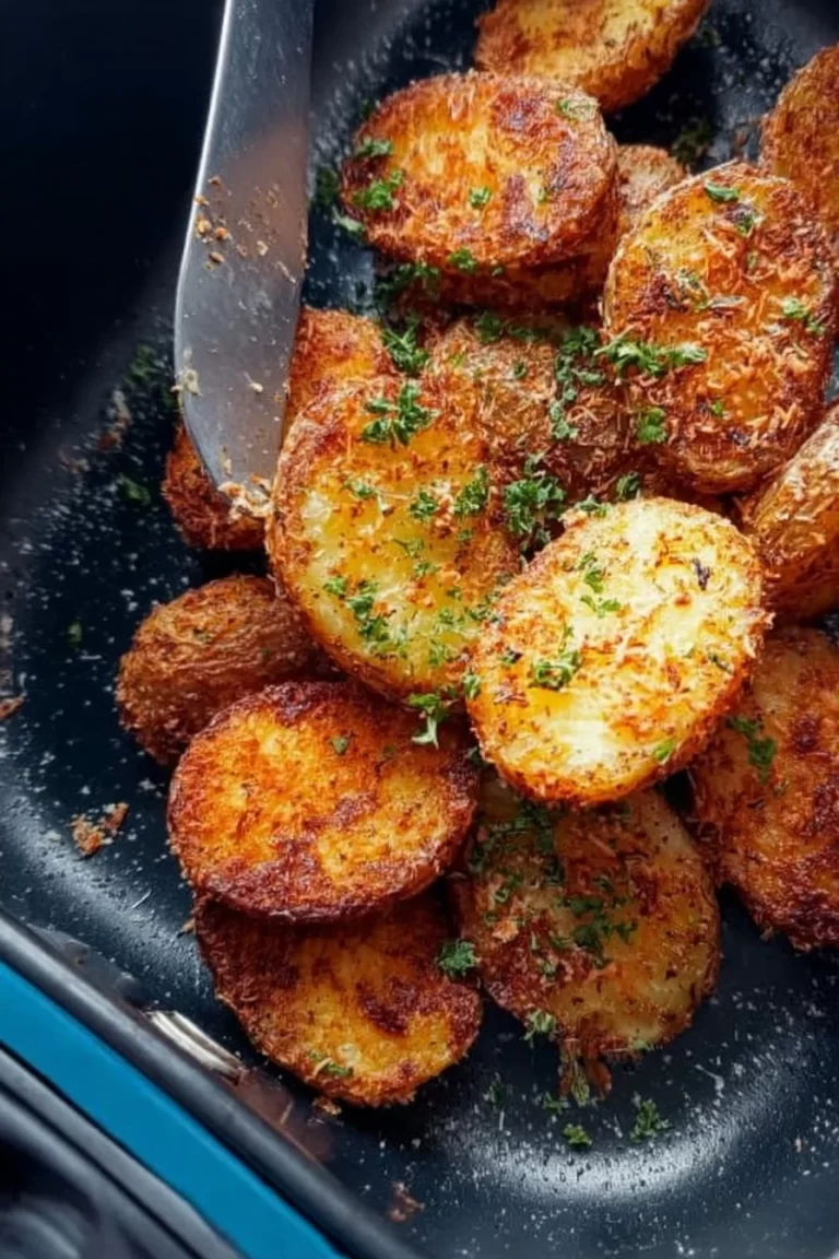 Plate of crispy Parmesan potatoes with herbs and spices